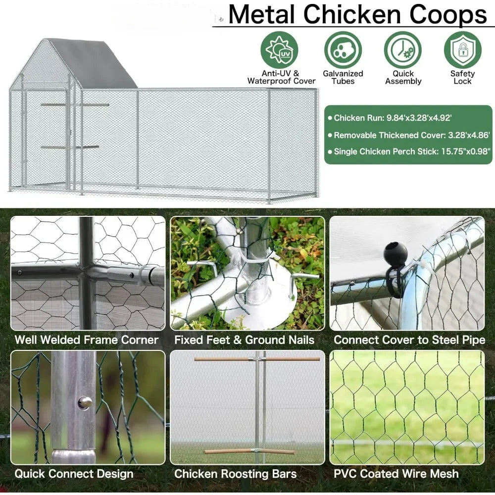 Large Metal Chicken Coop 10x3.3x5Ft