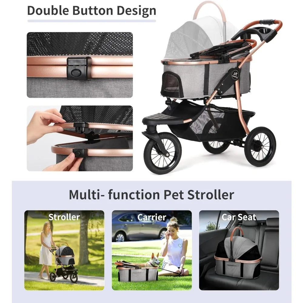 Foldable pet jogging stroller suitable for small and medium-sized dogs and cats, 3-in-1 durable rubber for dog jogging strollers