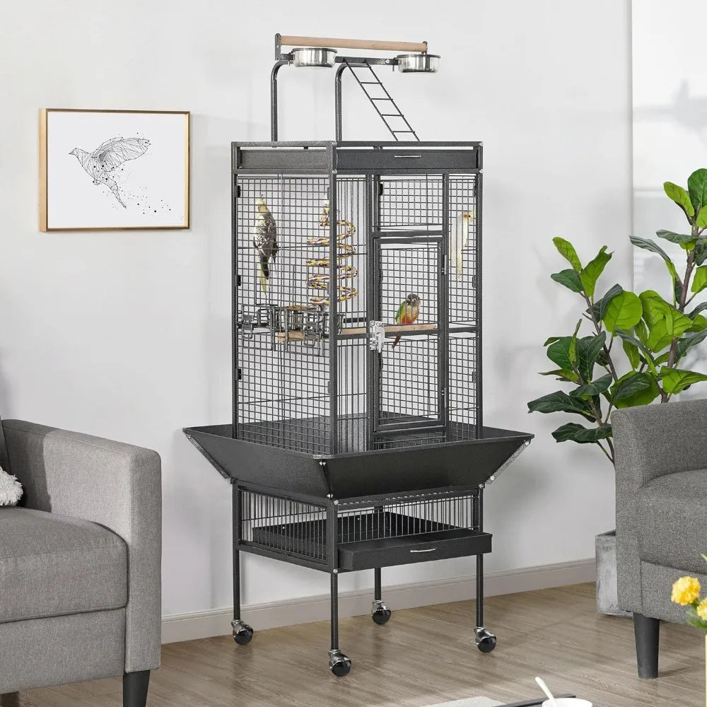 61-inch Playtop Wrought Iron Large Parrot Bird Cages with Rolling Stand