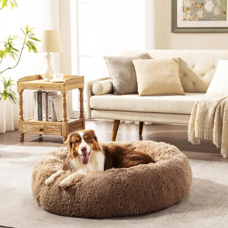 Calming Dog Bed for Small Medium Dogs, Donut Cuddler Cat Bed, Anxiety Relieving Pet Bed, Fluffy & Cozy with Self-Warming