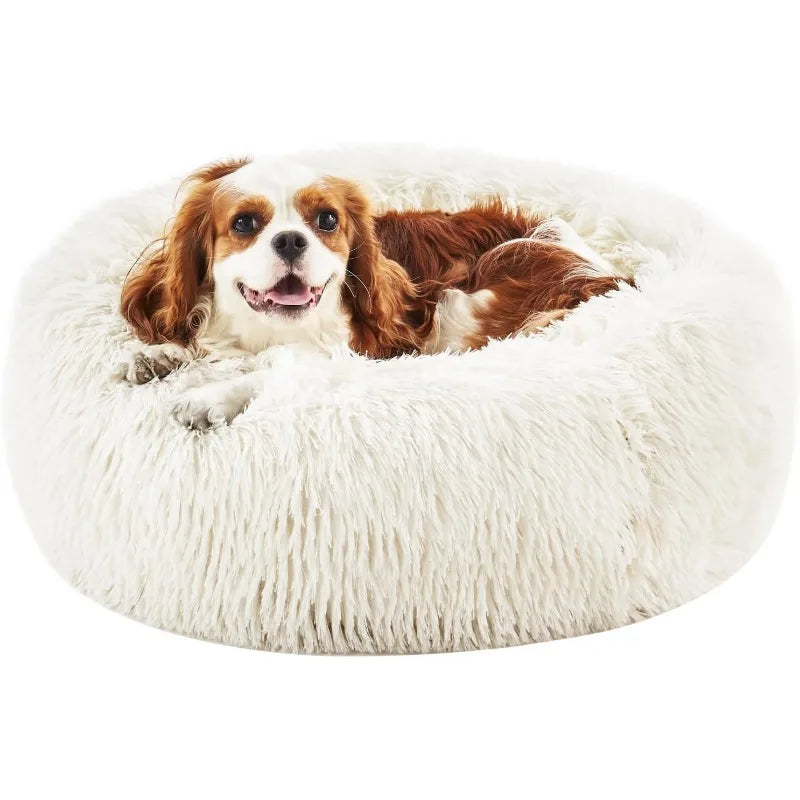 Calming Dog Bed for Small Medium Dogs, Donut Cuddler Cat Bed, Anxiety Relieving Pet Bed, Fluffy & Cozy with Self-Warming