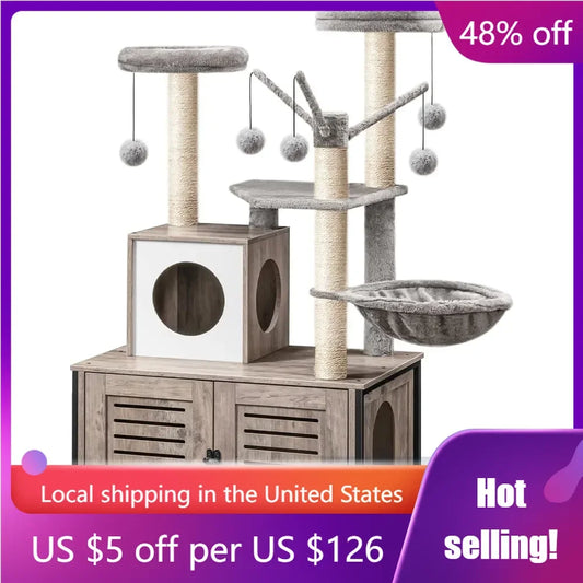 Cat Tree with Litter Box Enclosure & Scratching Posts for Indoor Cats, All-in-One Wooden Cat House Furniture