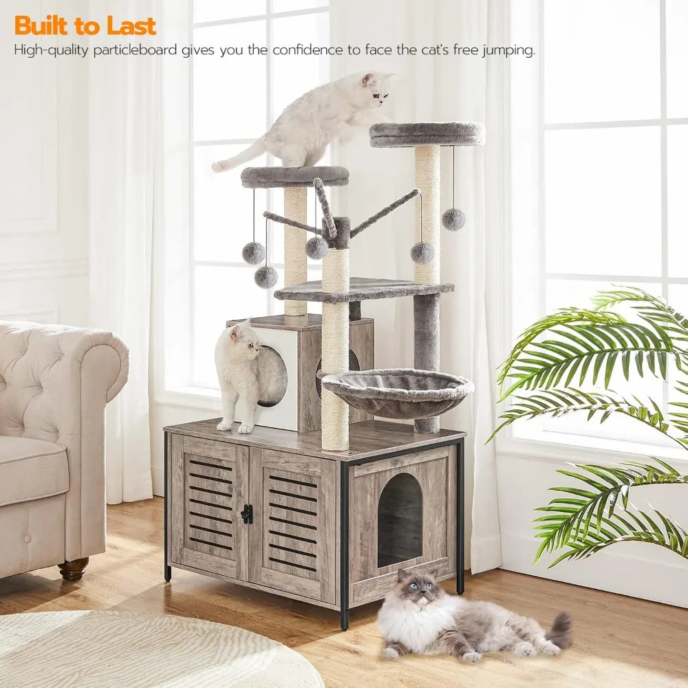 Cat Tree with Litter Box Enclosure & Scratching Posts for Indoor Cats, All-in-One Wooden Cat House Furniture