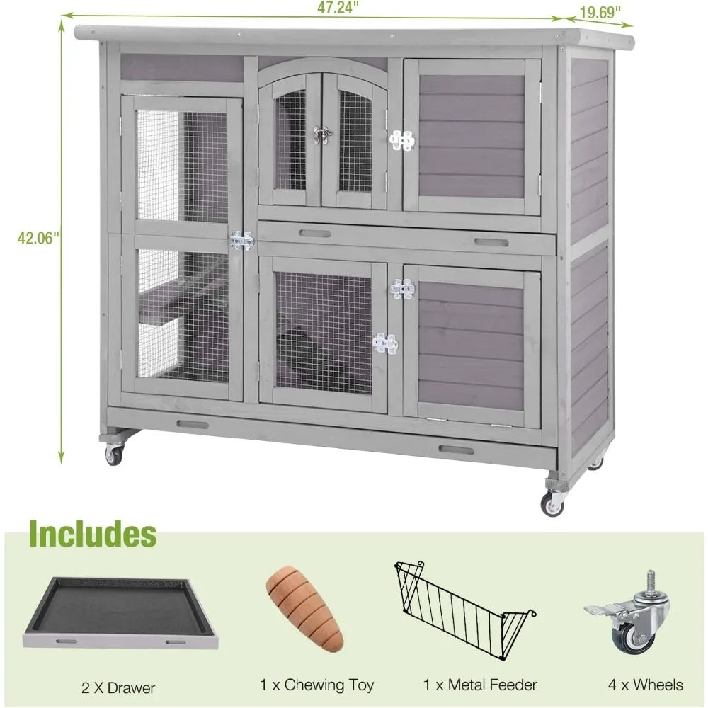 Rabbit Hutch Indoor Outdoor Bunny House Bunny Cage on Wheel with Plastic Tray-47inch