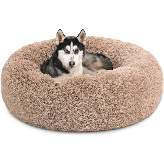 Calming Dog Bed for Large Dogs - Donut Washable Large Pet Bed, 36 inches Anti Anxiety Round Fluffy Plush Faux Fur Dog Bed