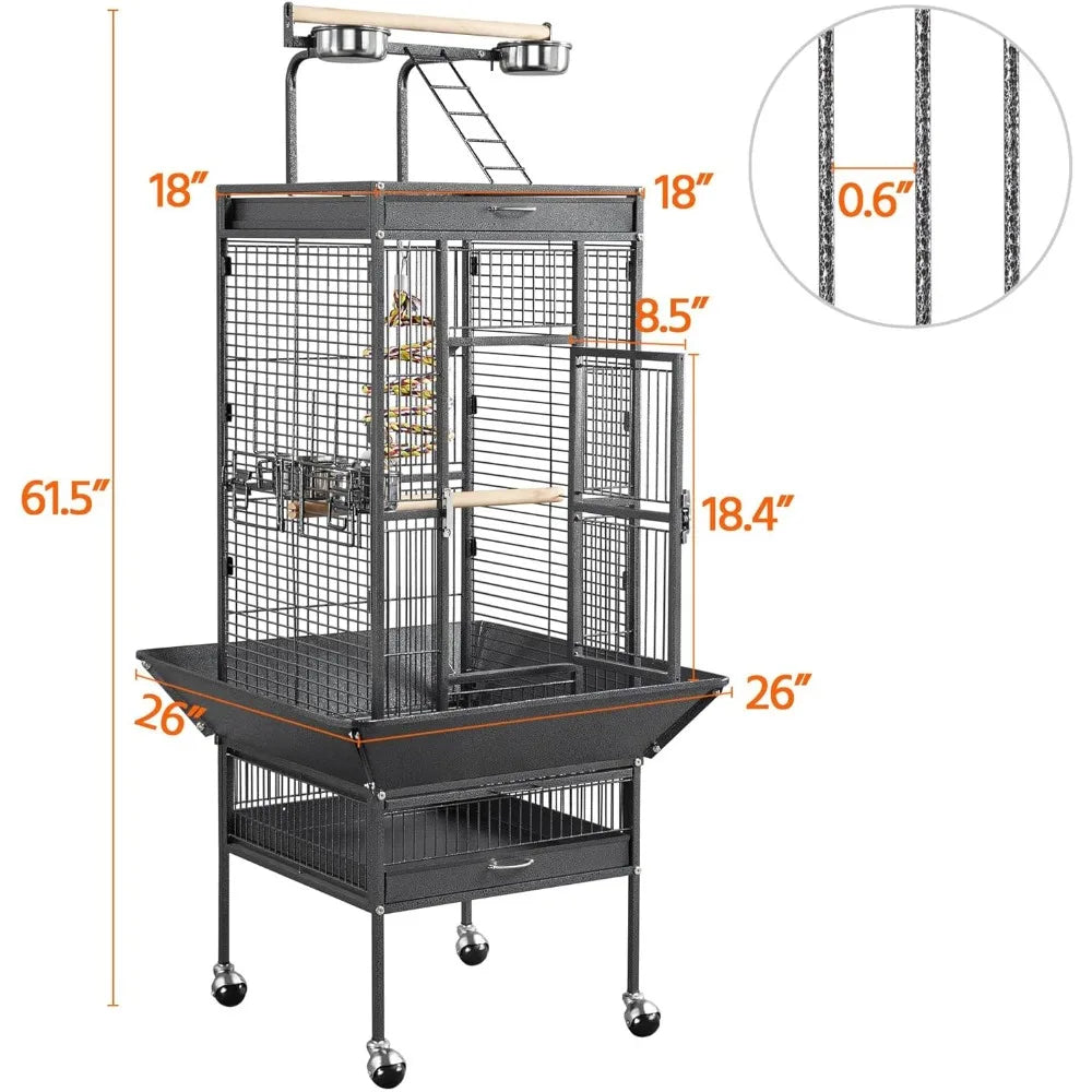 61-inch Playtop Wrought Iron Large Parrot Bird Cages with Rolling Stand