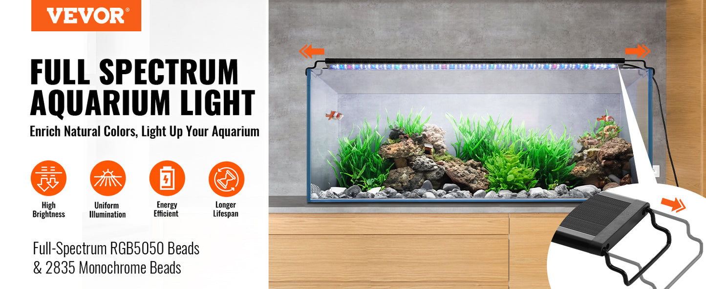 Full Spectrum Fish Tank Light with Natural Mode Adjustable Timer & 5-Level Brightness with Extendable Brackets